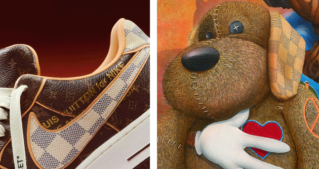 Left: Detail of Virgil Abloh’s Louis Vuitton x Nike Air Force 1 Low Source  Right: Detail of the present lot